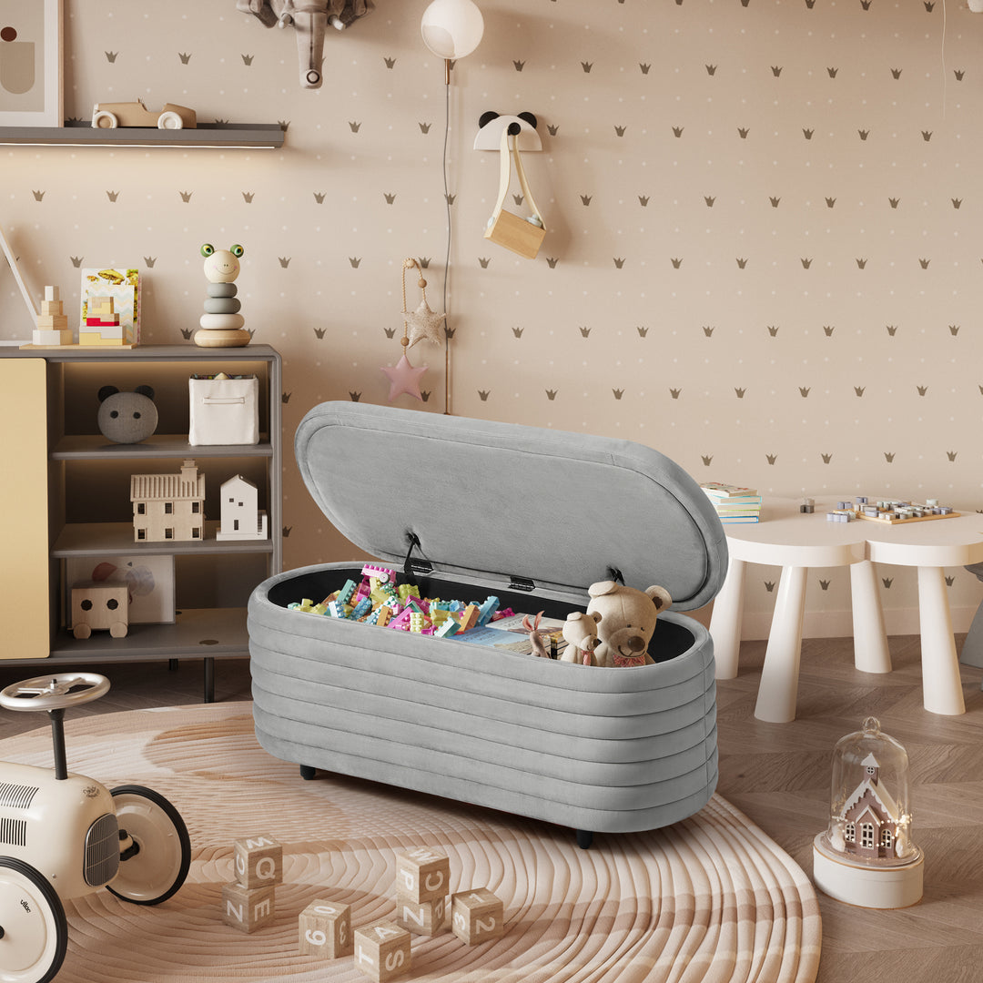 Phoebe 42" Wide Mid-Century Modern Upholstered Velvet Tufted Oval Storage Ottoman Bench