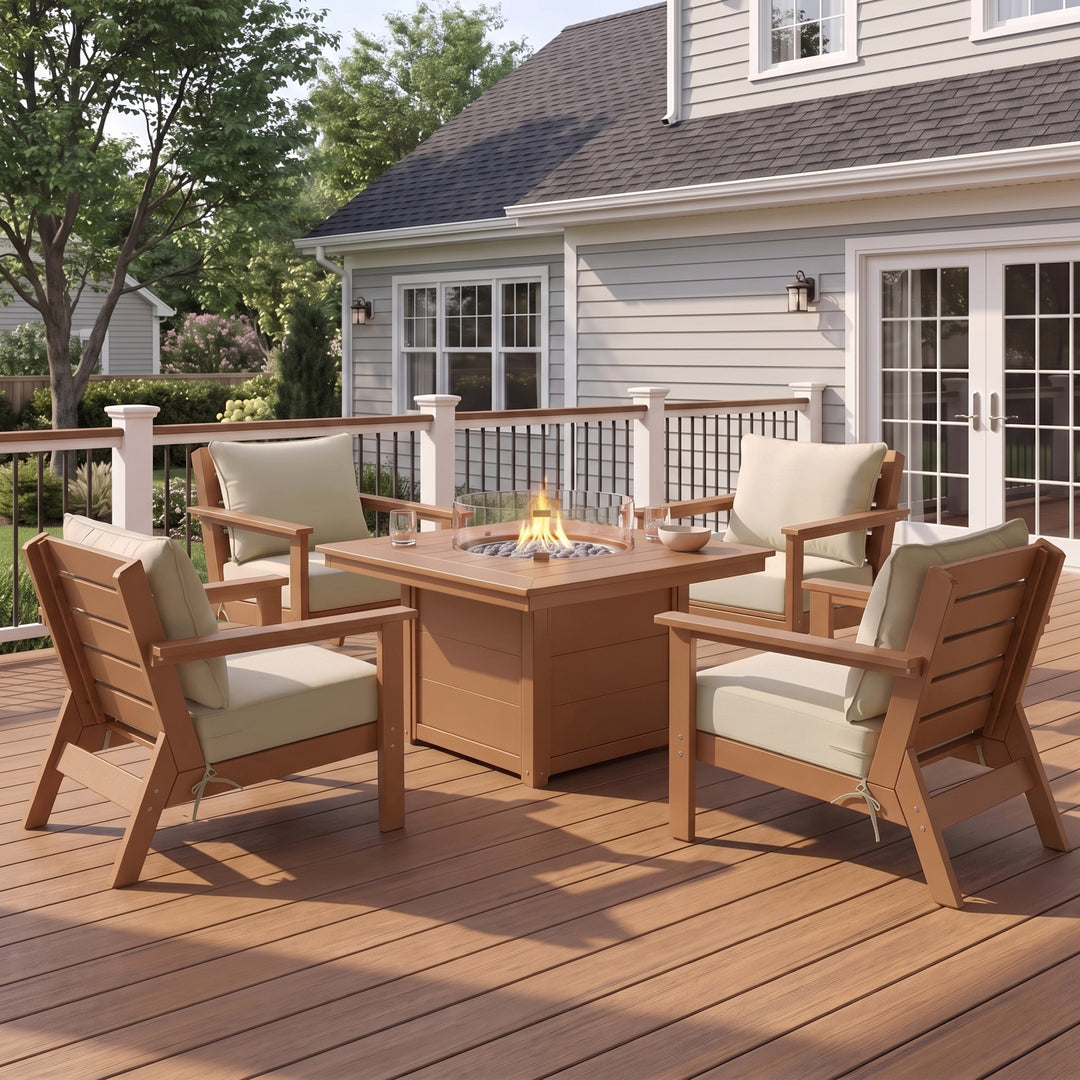 Avalon 5-Piece HDPE Patio Conversation Set with Cushions &amp; Square 42" Fire Pit Table