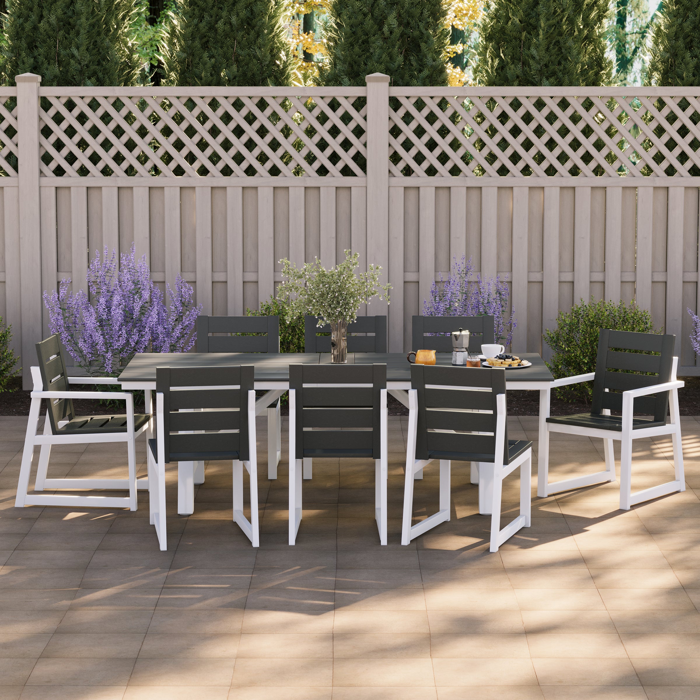 Cape May 9-Piece HDPE Outdoor Furniture Patio Dining Table With Umbrella Hole and Chairs Set For 8