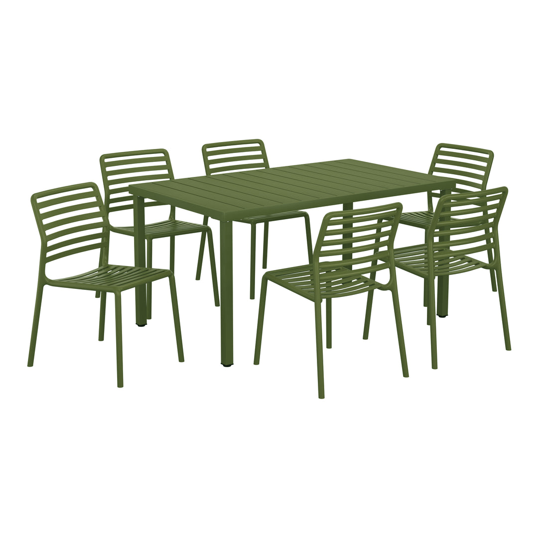 Playa 7-Piece Metal Rectangular Patio Dining Table Set With Stackable Plastic Dining Chairs For 6