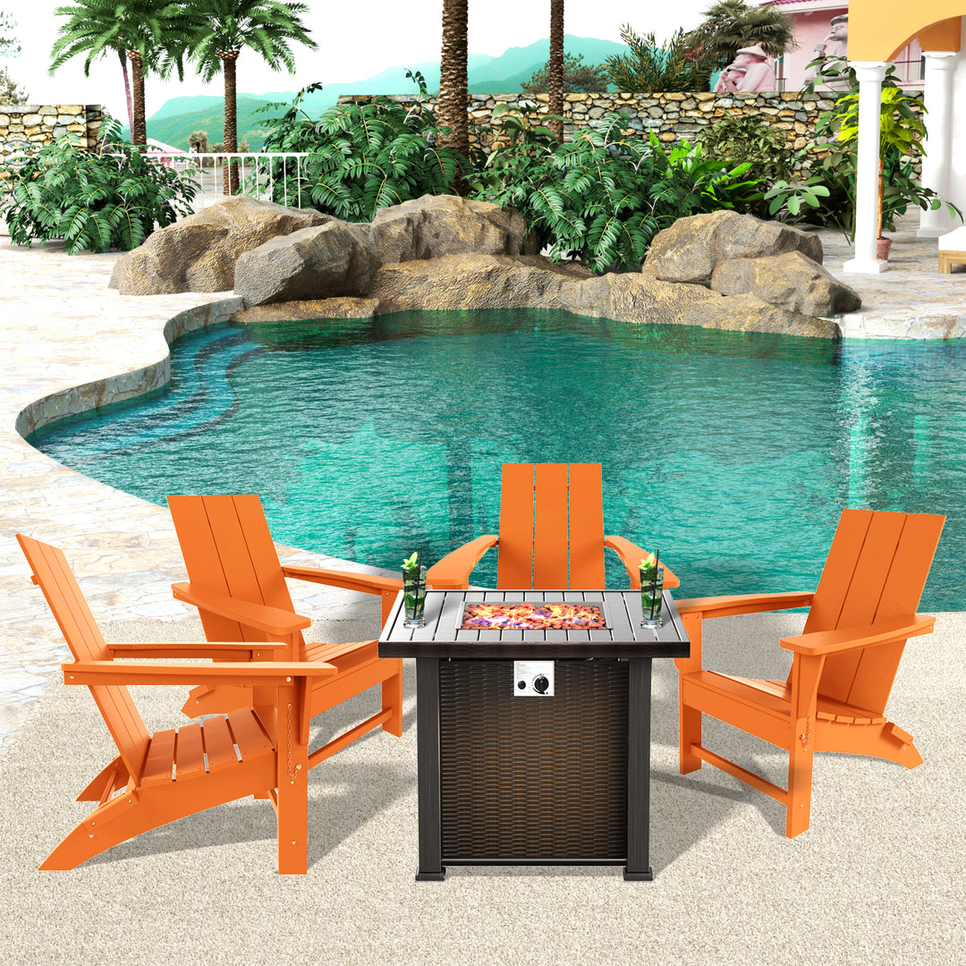 Ashore Modern Folding Poly Adirondack Chair With Square Fire Pit Table Set