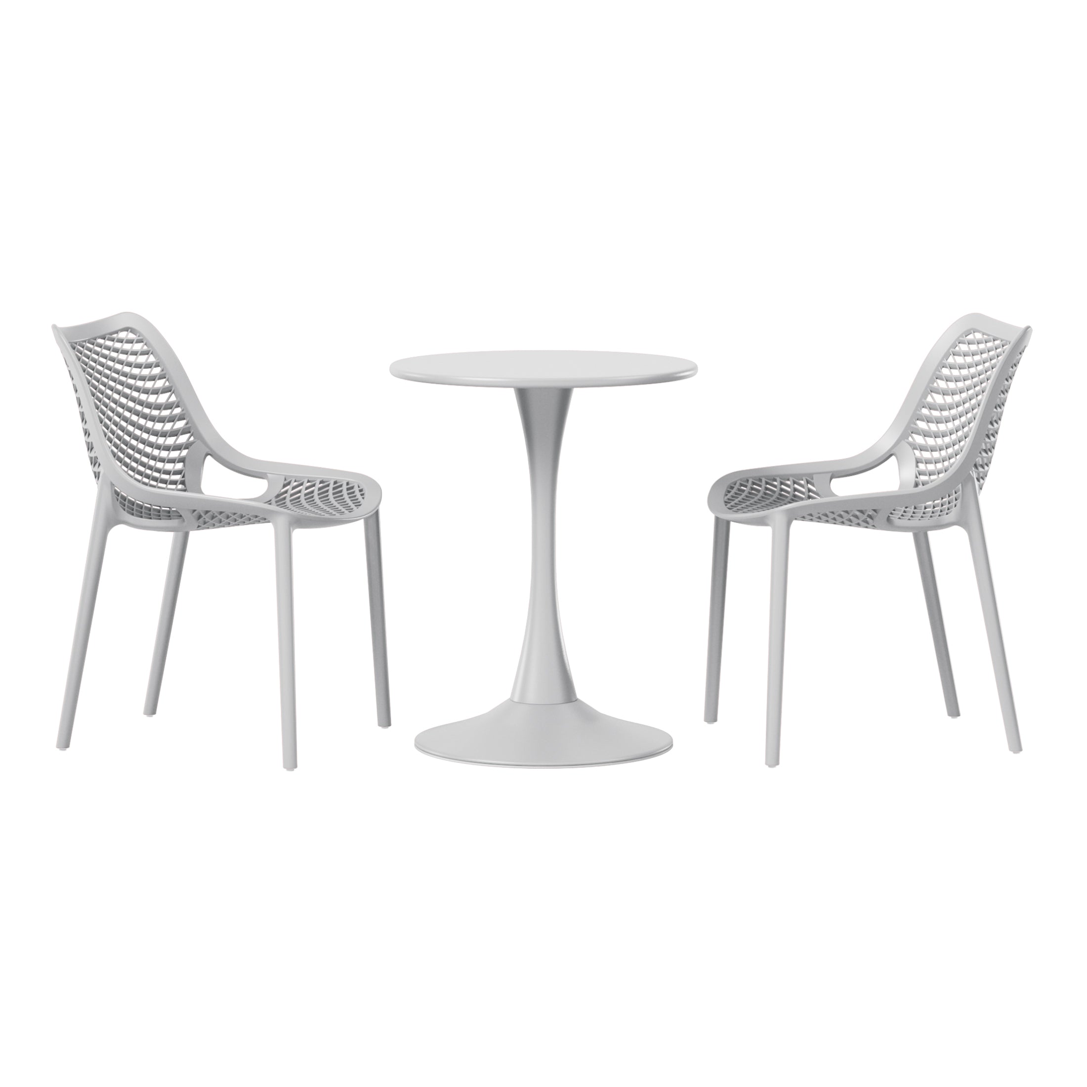 Playa 3-Piece Outdoor Round Metal Dining Table Set And Stackable Resin Patio Dining Side Chairs