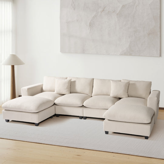 Hearthside 128" Corduroy Modular U-Shaped Sectional Couch and Chaise With USB/Type-C Ports and Side Pockets