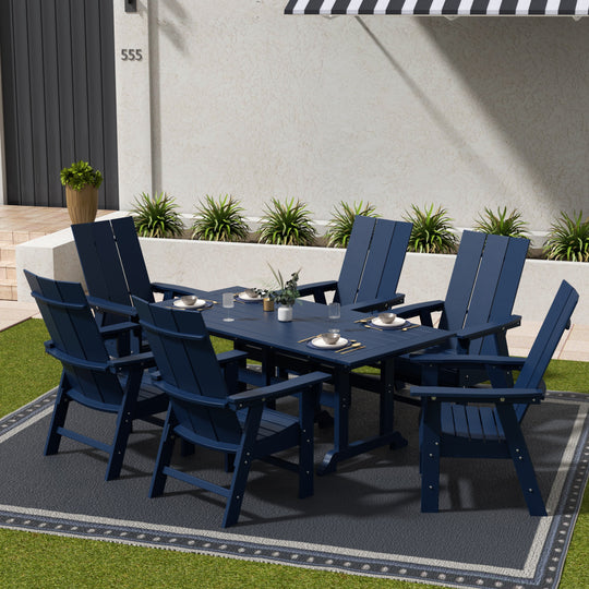 Ashore 7-Piece Outdoor Patio Dining Table and Modern Adirondack Armchair Set