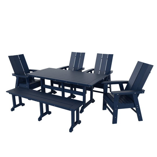 Ashore 6 Piece Outdoor Patio Rectangle Dining Table and Dining Bench Modern Armchair Set