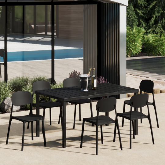 Playa 7-Piece Outdoor Rectangular Metal Patio Dining Table Set With Mid-Century Modern Stackable Patio Side Chairs