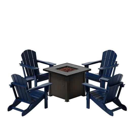 Malibu Modern Folding Poly Adirondack Chair With Square Fire Pit Table Set