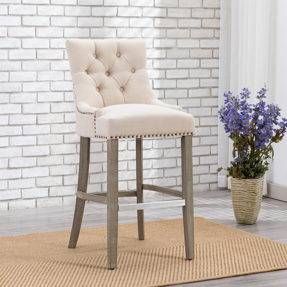 Hayes 29" Upholstered Tufted Wood Bar Stool, Antique Gray