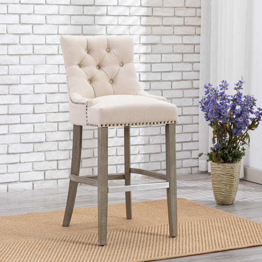 Hayes 29" Upholstered Tufted Wood Bar Stool, Antique Gray