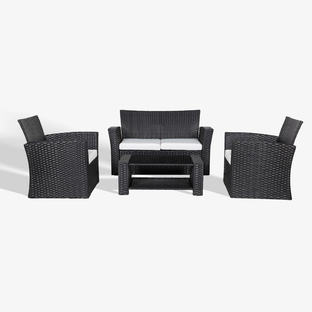 Coastal 4-Piece set Black color base Outdoor / Patio Wicker Rattan Conversation Sofa set with cushions and a Coffee table ( 4 seater )