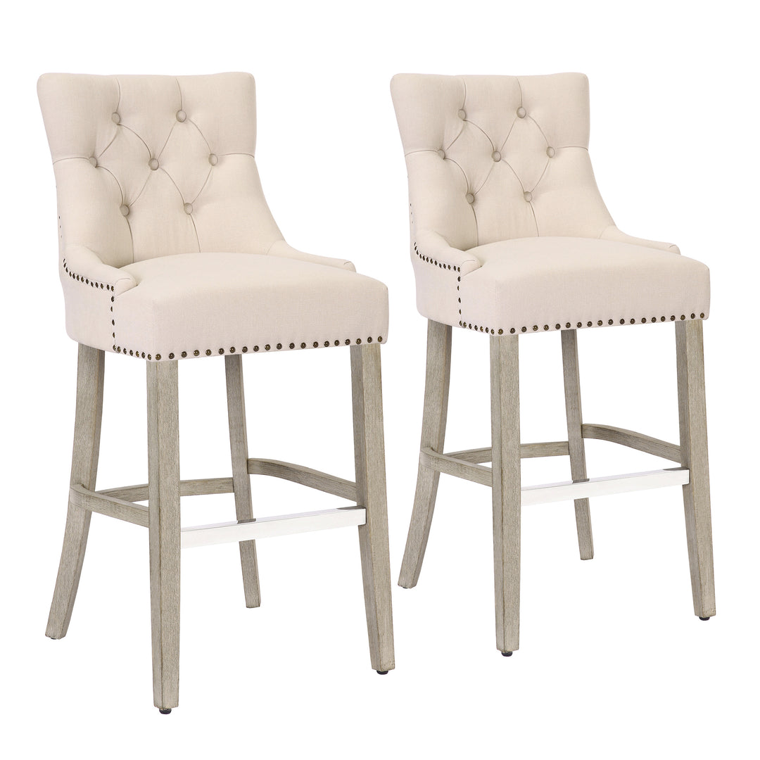 Hayes 29" Upholstered Tufted Wood Bar Stool (Set of 2), Antique Gray