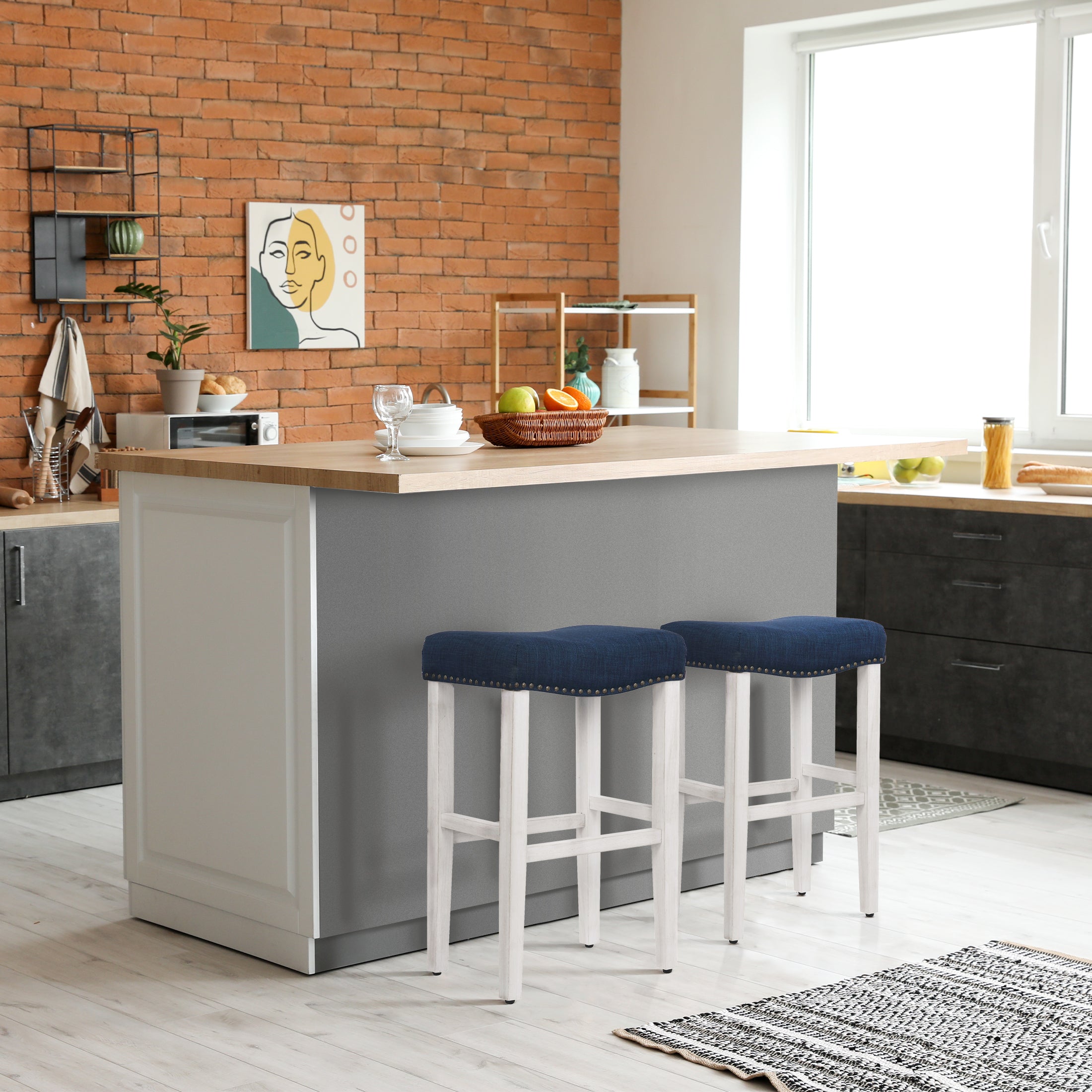 Lenox 29" upholstered nail head bar counter stools with Antique White color legs (2 piece set)