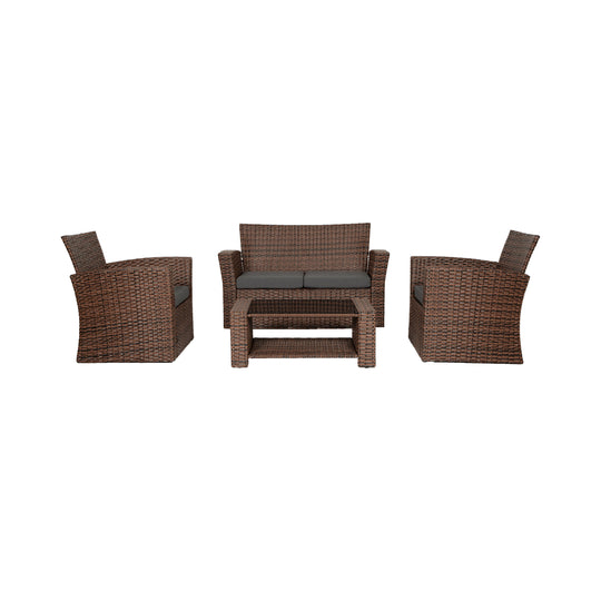 Coastal 4-Piece set Brown color base Outdoor / Patio Wicker Rattan Conversation Sofa set with cushions and a Coffee table ( 4 seater )