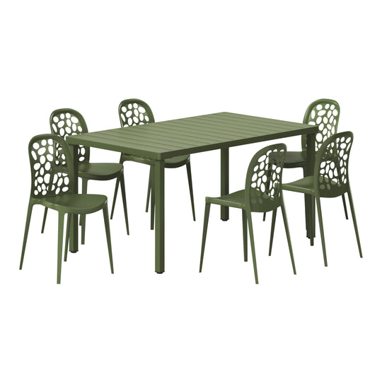 Playa 7-Piece Outdoor Metal Rectangle Patio Dining Table Set With Stackable Patio Dining Side Chairs