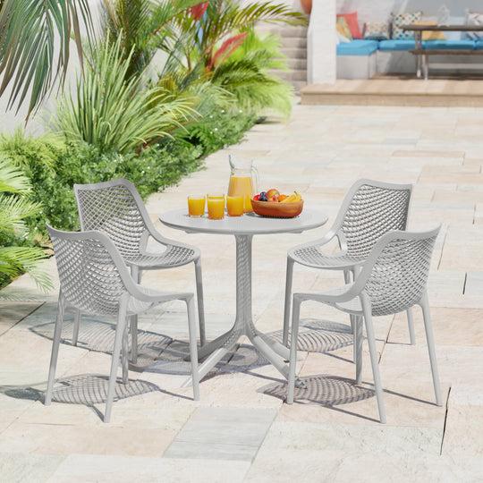Playa 5-Piece Modern Round Patio Dining Table Set with Stackable Patio Dining Chairs