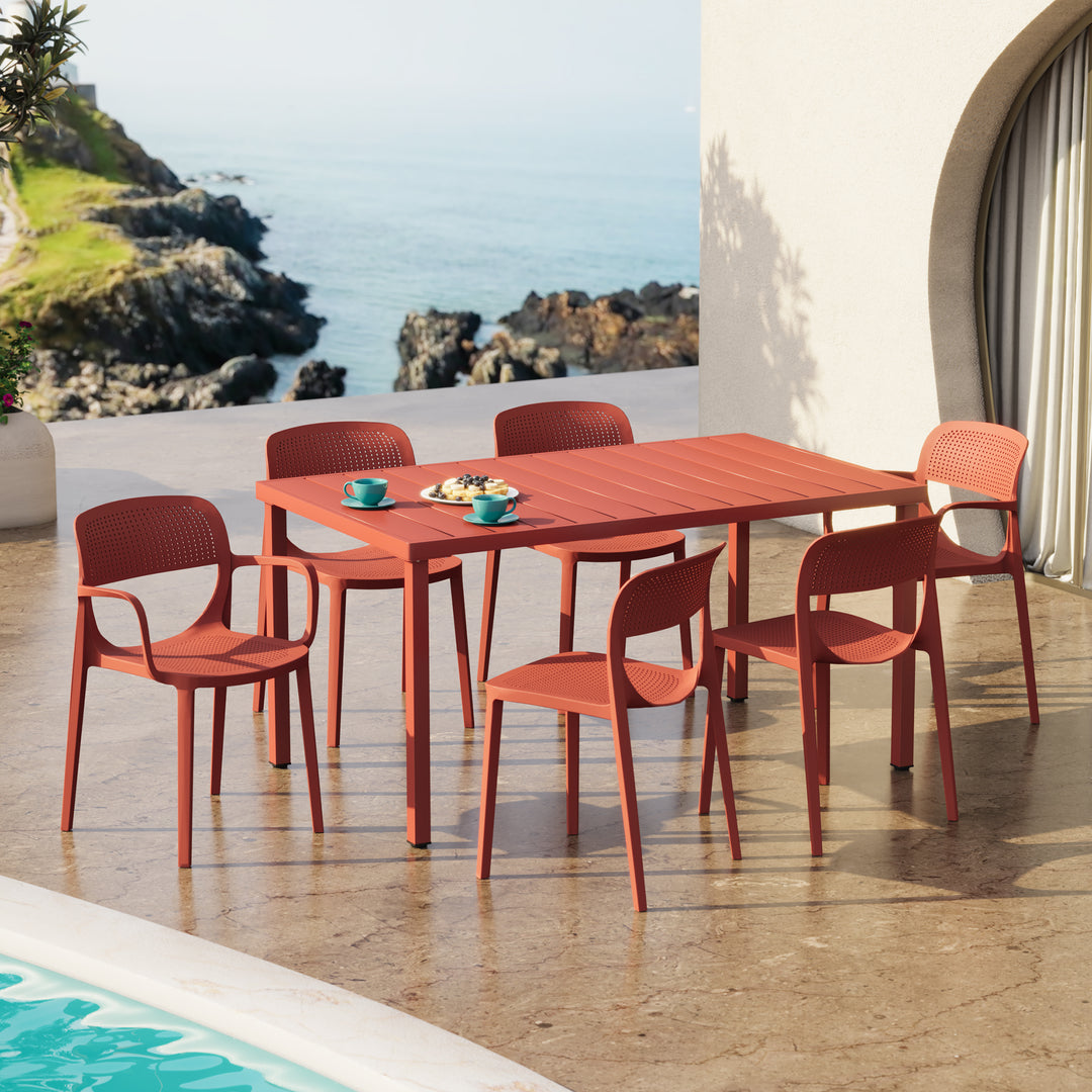 Playa 7-Piece Outdoor Rectangular Metal Patio Dining Table Set With Stackable Patio Dining Chairs