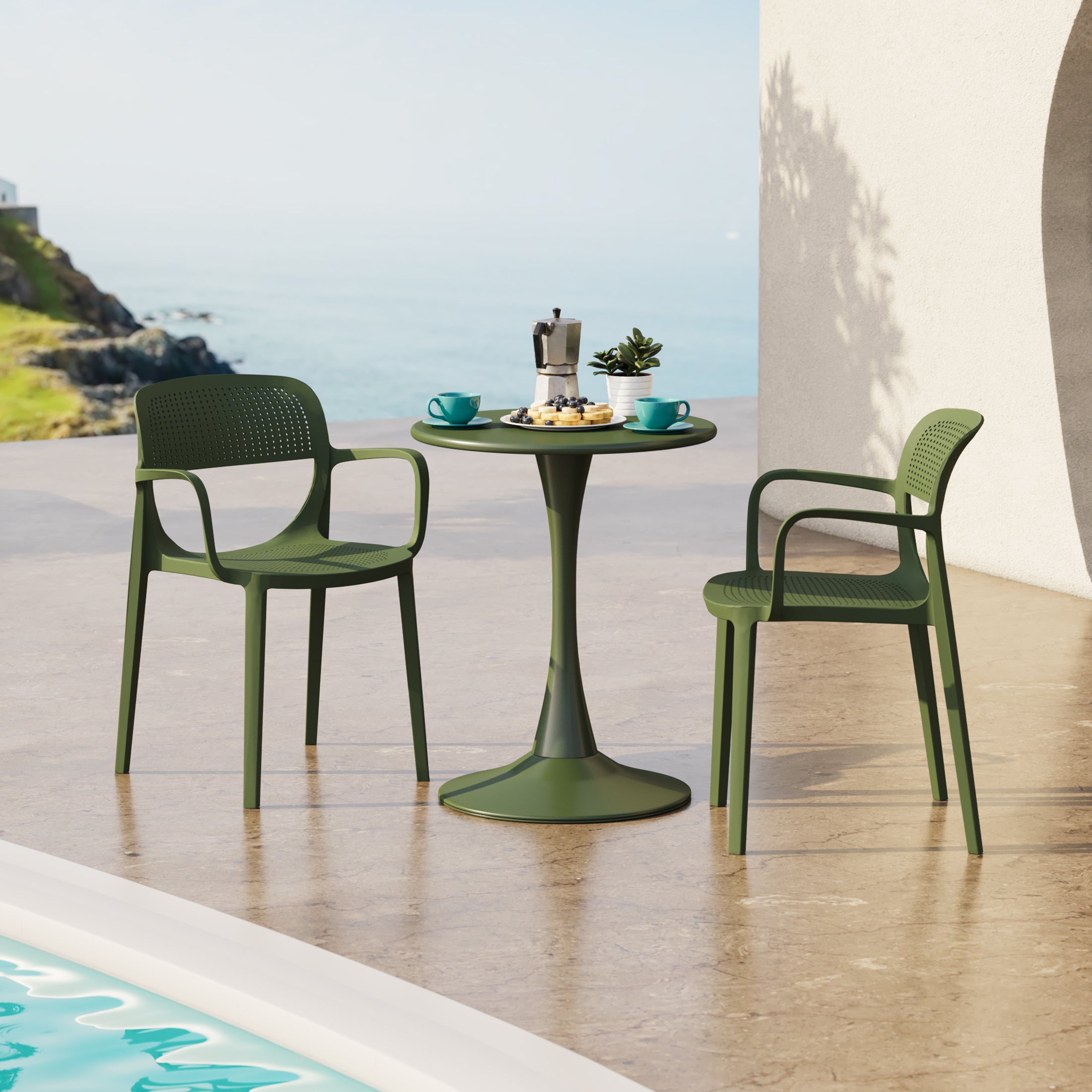 Playa 3-Piece Round Metal Bistro Dining Table Set And Stackable Resin Patio Dining Arm Chairs