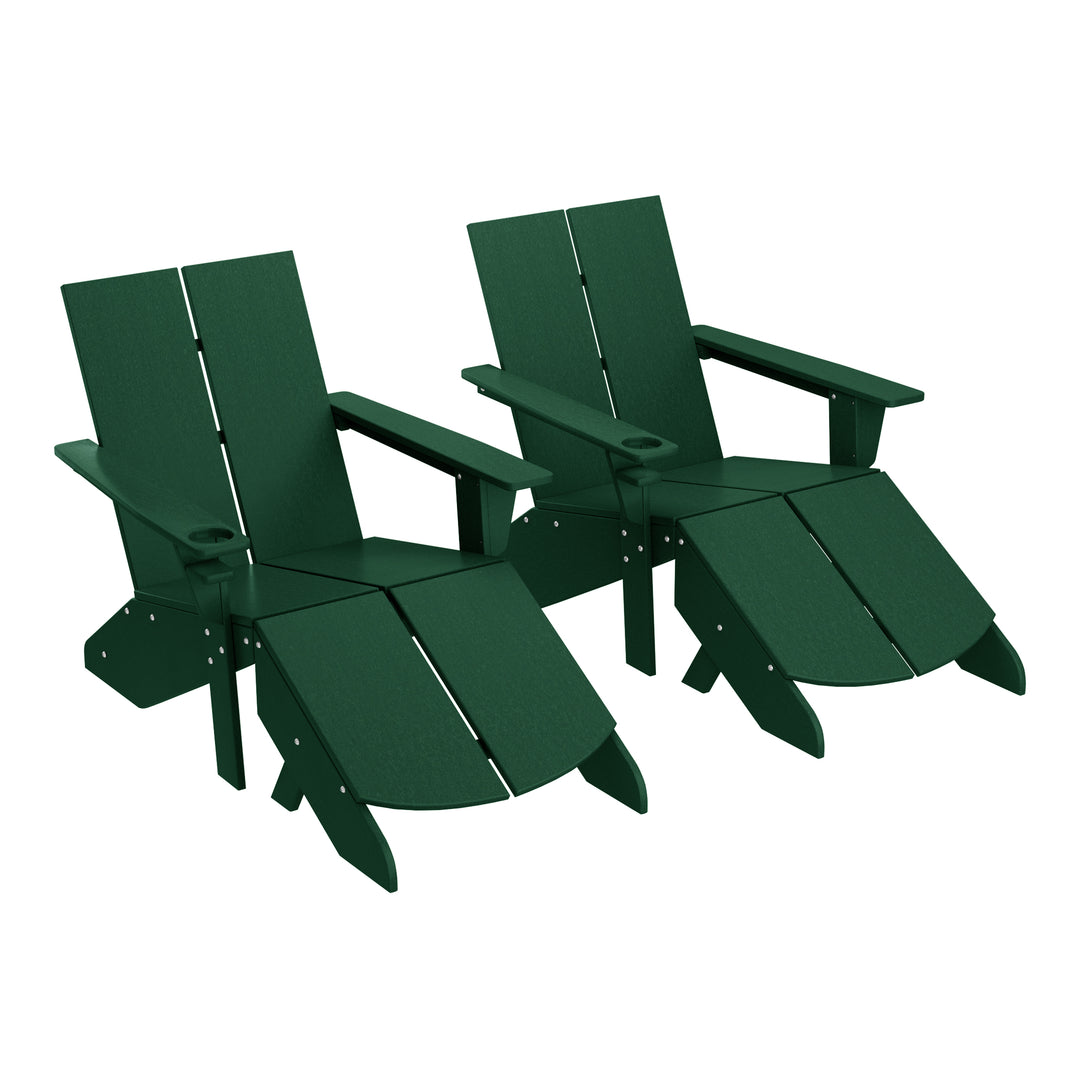 Riviera Outdoor 4-Piece HDPE Modern Adirondack Chairs Set with Folding Patio Ottomans and Cup Holder