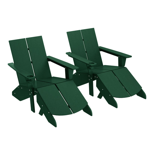 Riviera Outdoor 4-Piece HDPE Modern Adirondack Chairs Set with Folding Patio Ottomans and Cup Holder