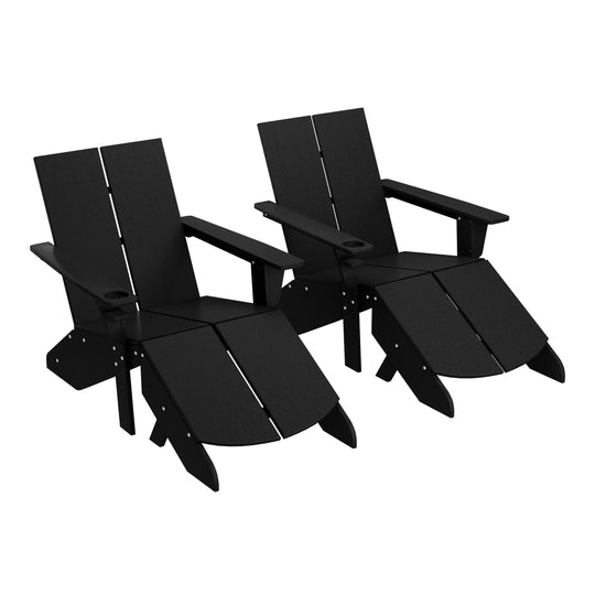 Riviera Outdoor 4-Piece HDPE Modern Adirondack Chairs Set with Folding Patio Ottomans and Cup Holder