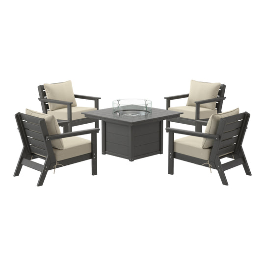 Avalon 5-Piece HDPE Patio Conversation Set with Cushions &amp; Square 42" Fire Pit Table