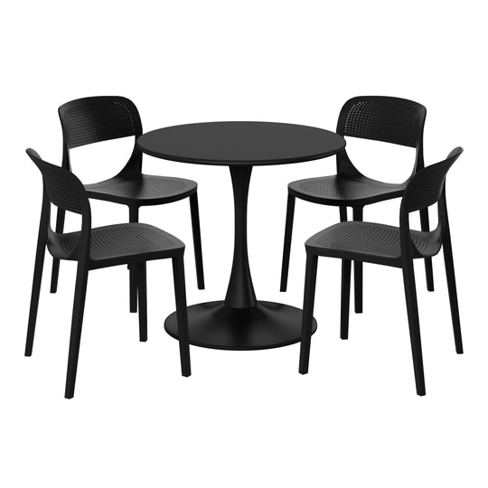 Playa 5-Piece Round Metal Bistro Dining Table Set And Stackable Resin Patio Dining Side Chairs