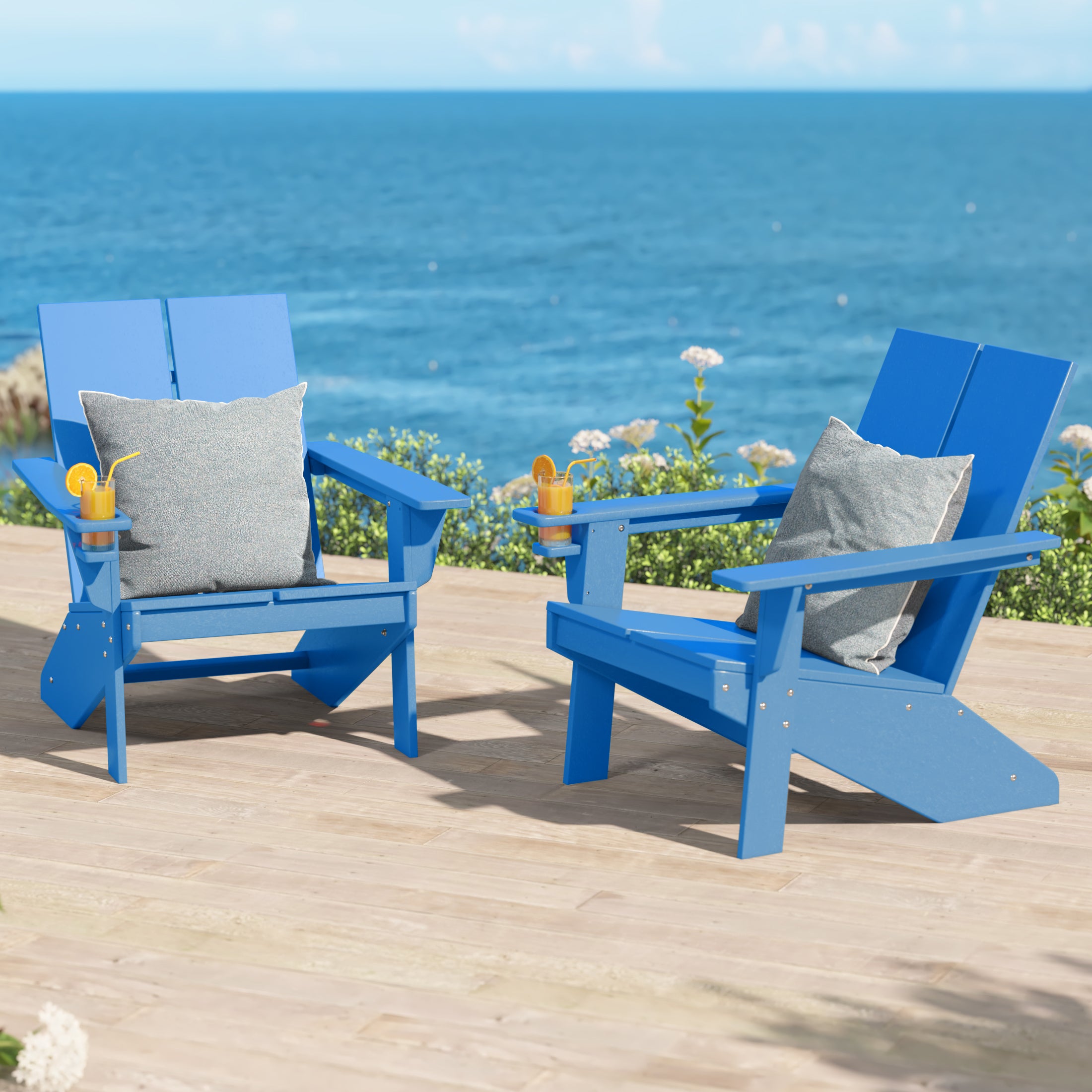 Riviera Outdoor HDPE Modern Adirondack Chair with Cup Holder (Set of 2)