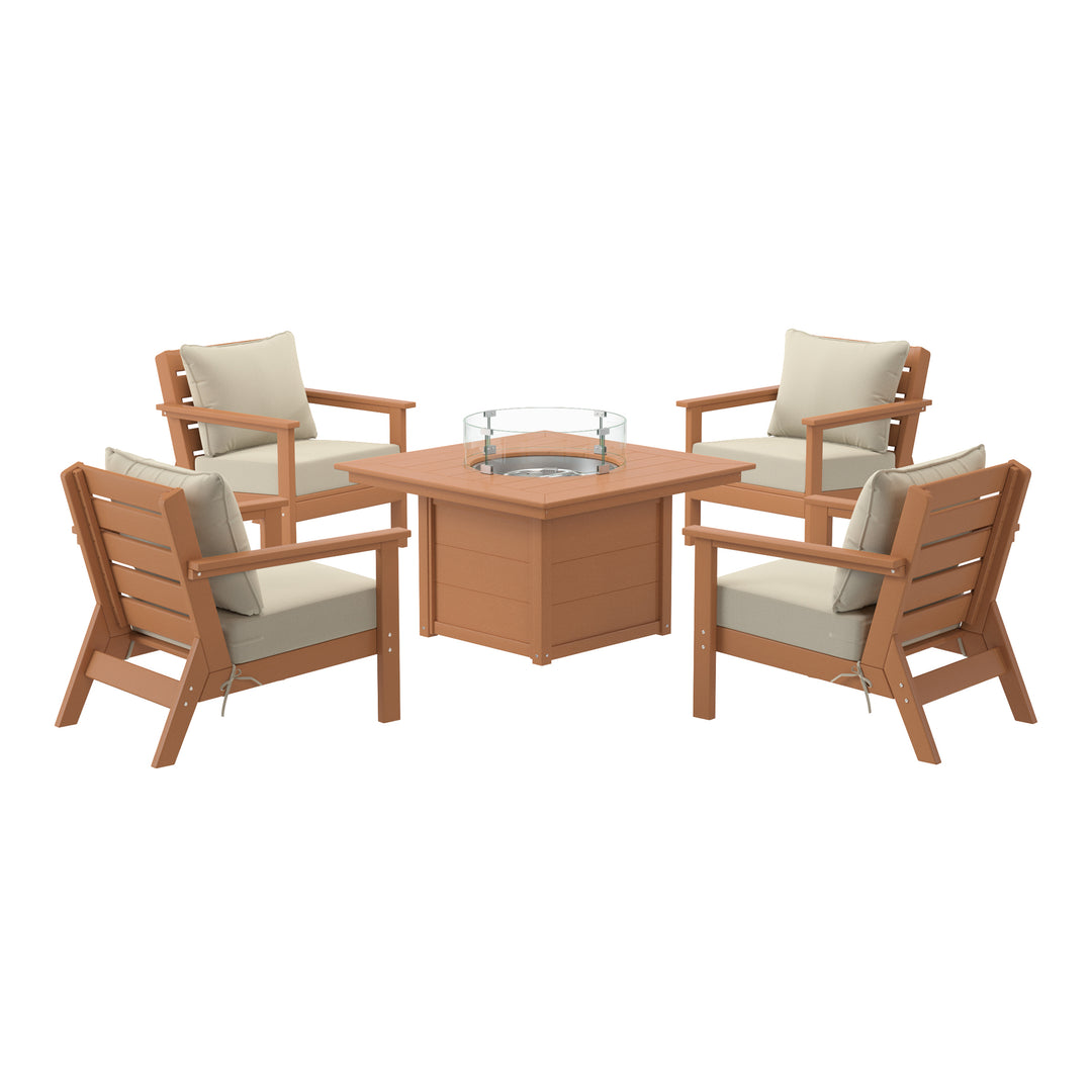 Avalon 5-Piece HDPE Patio Conversation Set with Cushions &amp; Square 42" Fire Pit Table