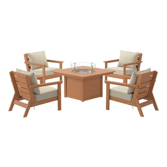 Avalon 5-Piece HDPE Patio Conversation Set with Cushions &amp; Square 42" Fire Pit Table