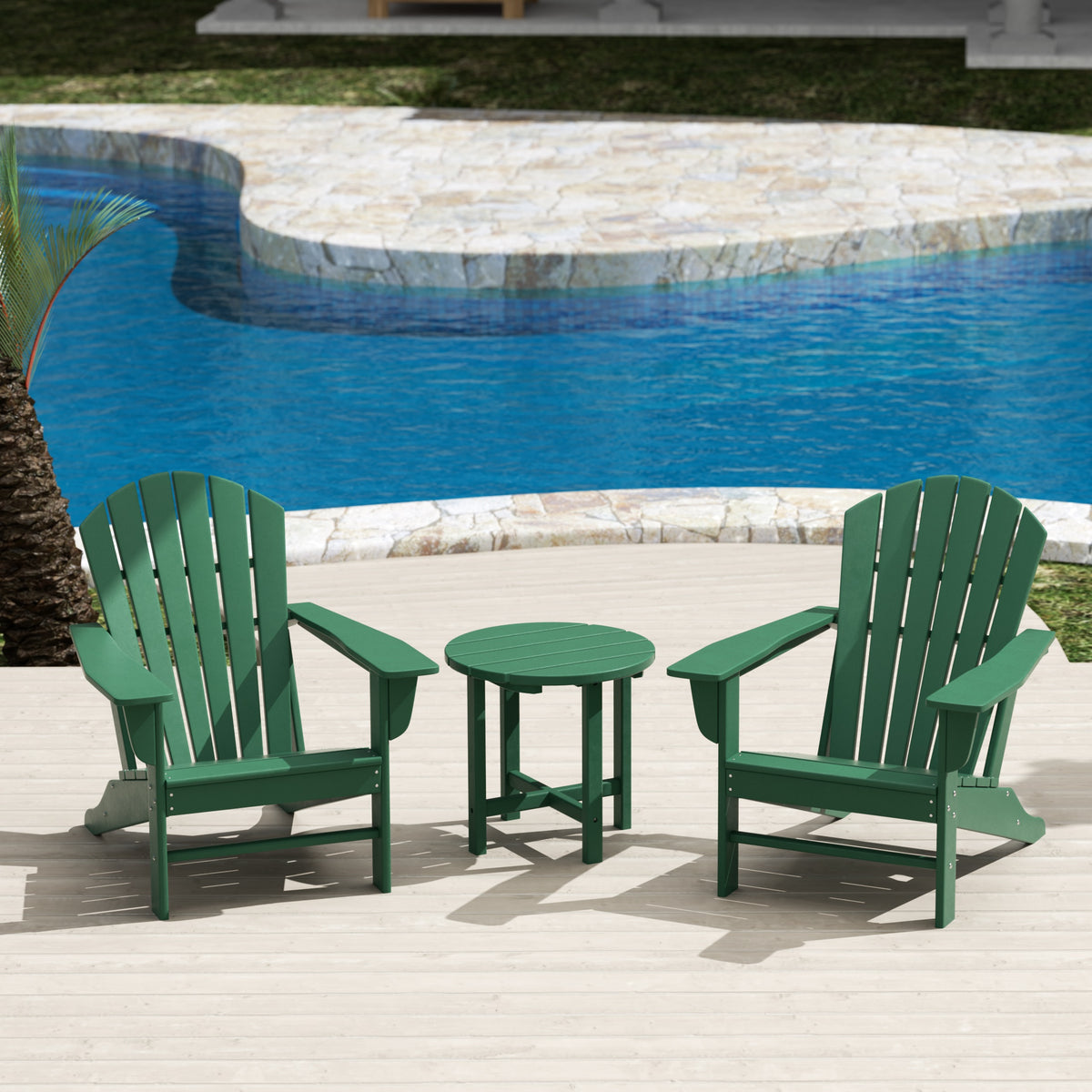 Dylan Adirondack chair set with side table in Dark Green styled outdoors