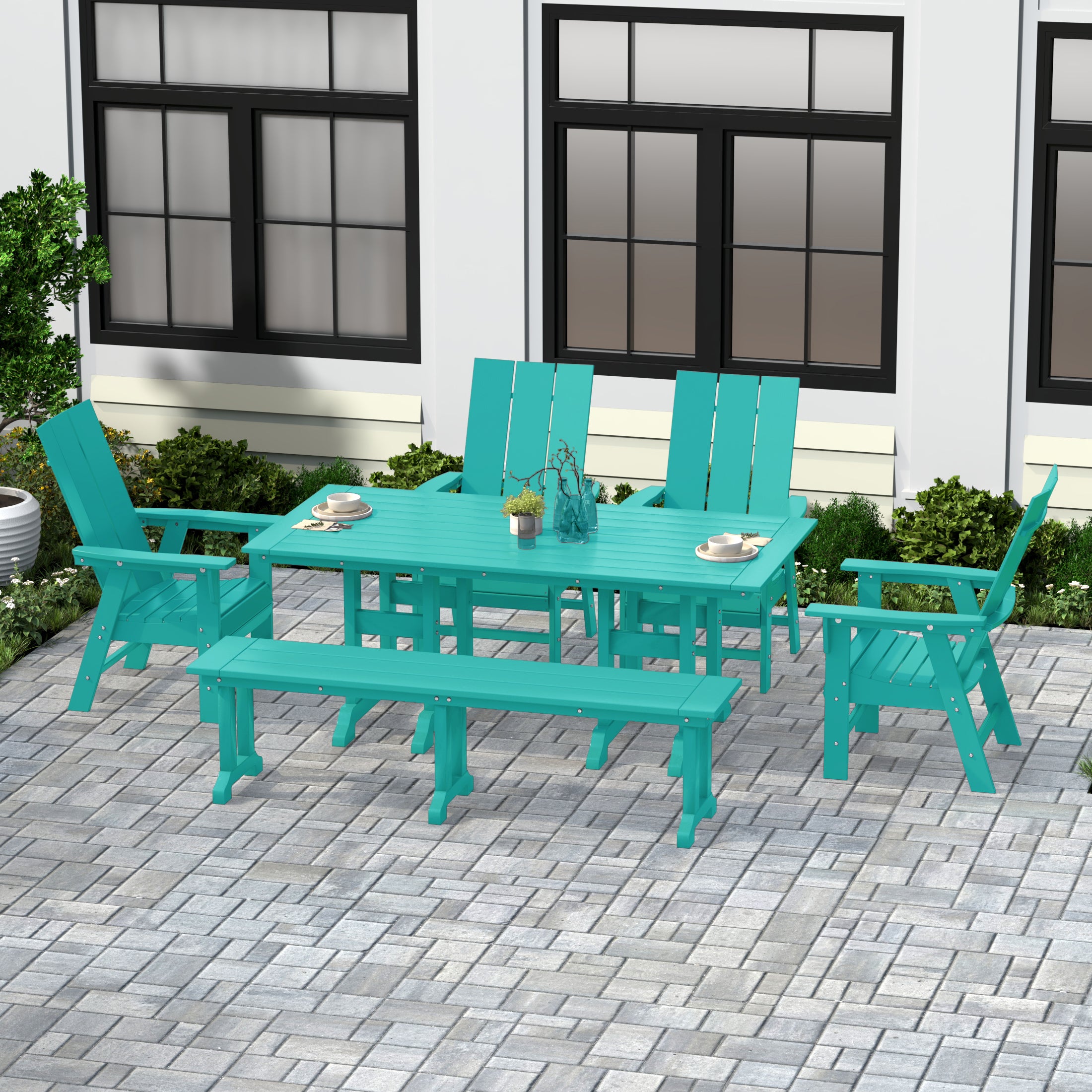 Ashore 6 Piece Outdoor Patio Dining Table and Armchair Dining Bench Set