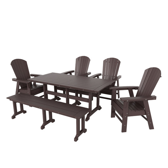 Dylan 6 Piece Outdoor Patio Rectangle Dining Table and Dining Bench Shell Back Armchair Set