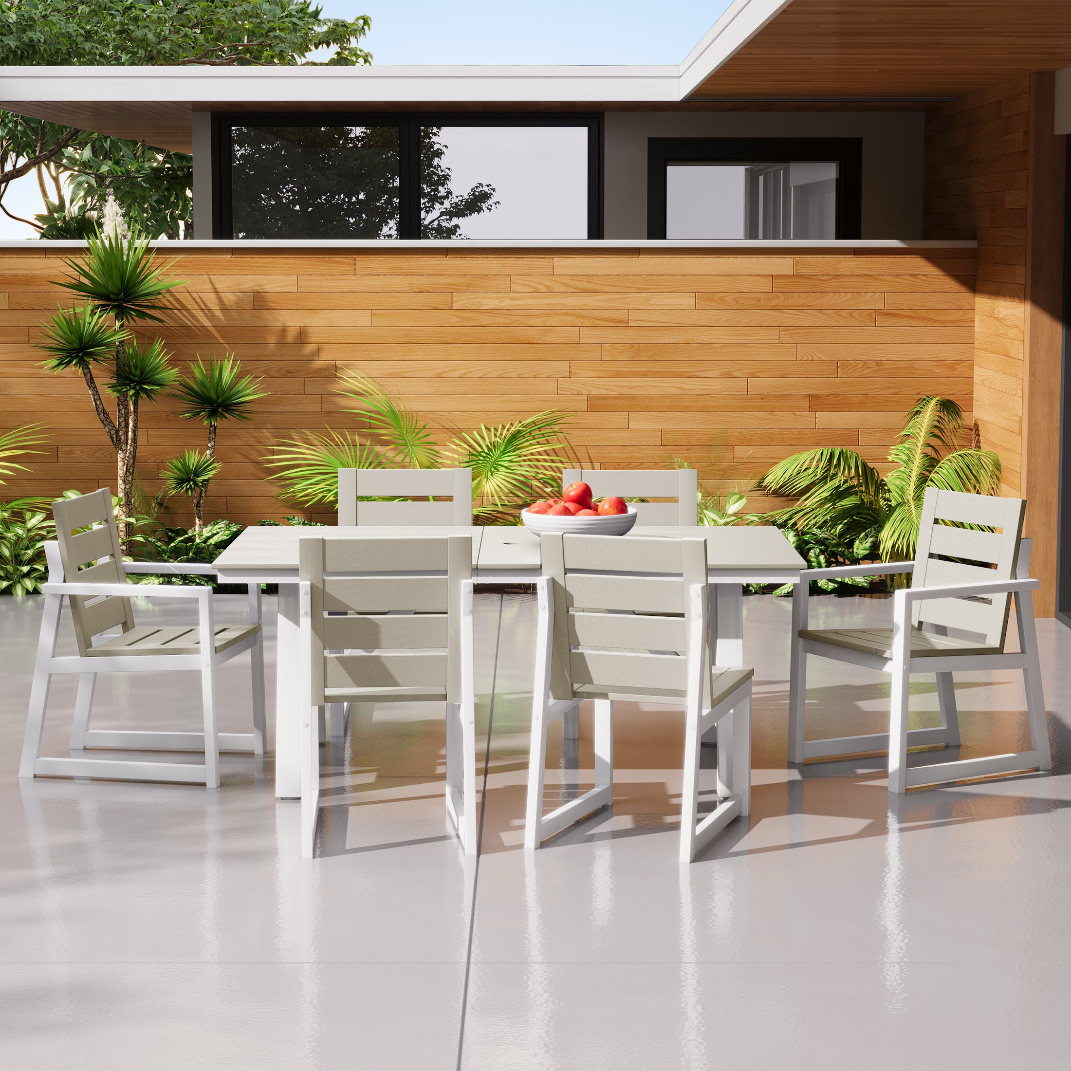 Cape May 7-Piece HDPE Outdoor Furniture Patio Dining Table With Umbrella Hole and Chairs Set For 6