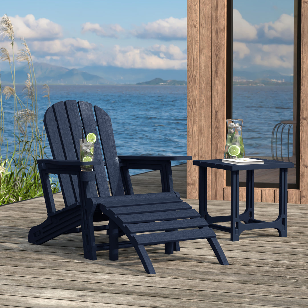Azura 3-Piece HDPE Outdoor Patio Adirondack Chair with Ottoman and 18" Side Table Set