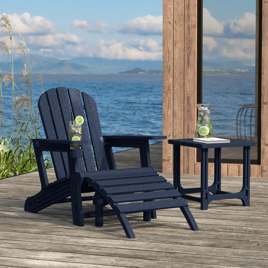 Azura 3-Piece HDPE Outdoor Patio Adirondack Chair with Ottoman and 18" Side Table Set