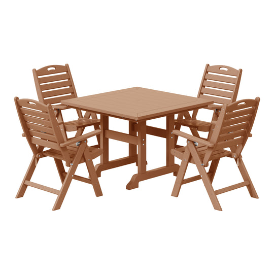 Malibu 5-Piece HDPE Square Patio Dining Table Set with Foldable Chairs