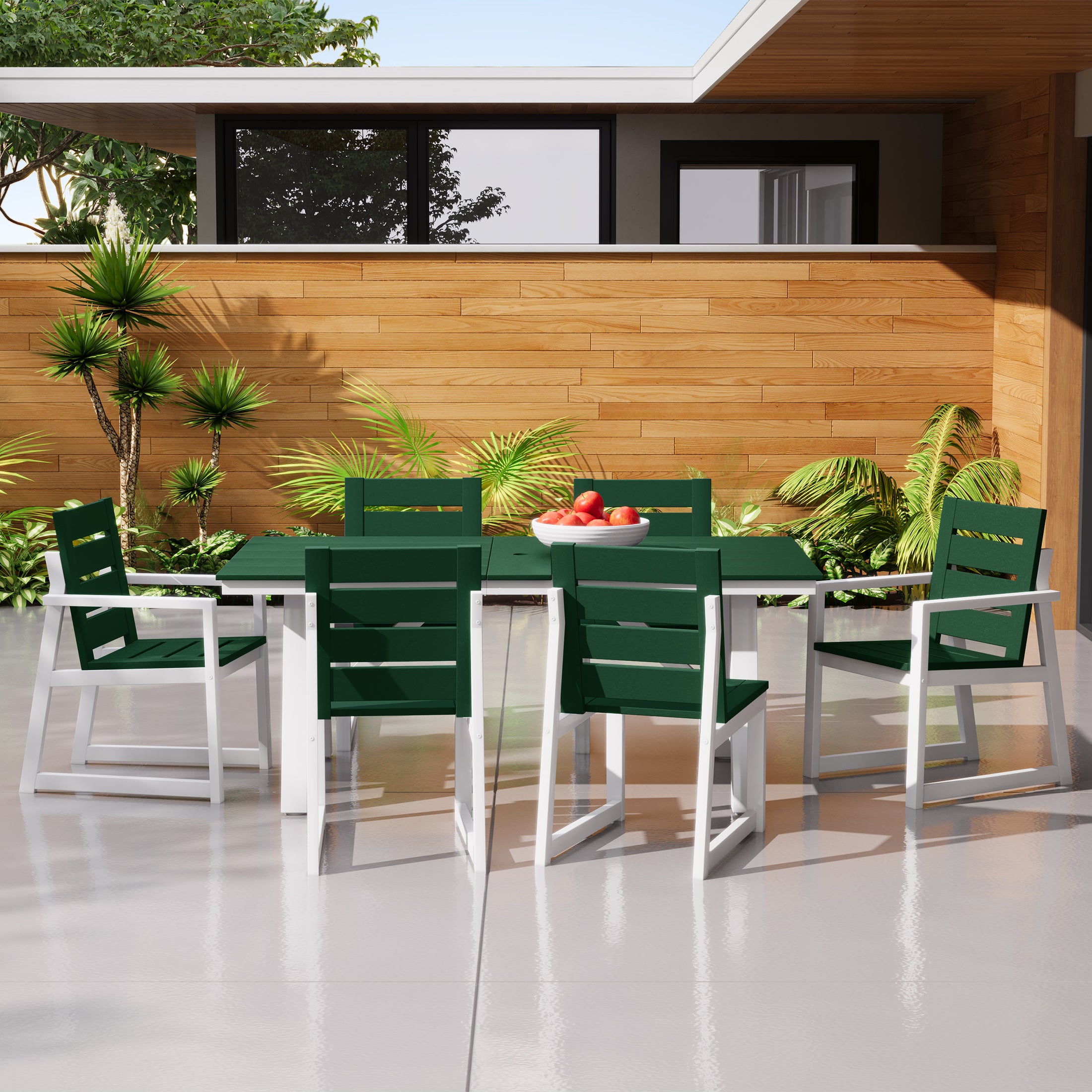 Cape May 7-Piece HDPE Outdoor Furniture Patio Dining Table With Umbrella Hole and Chairs Set For 6