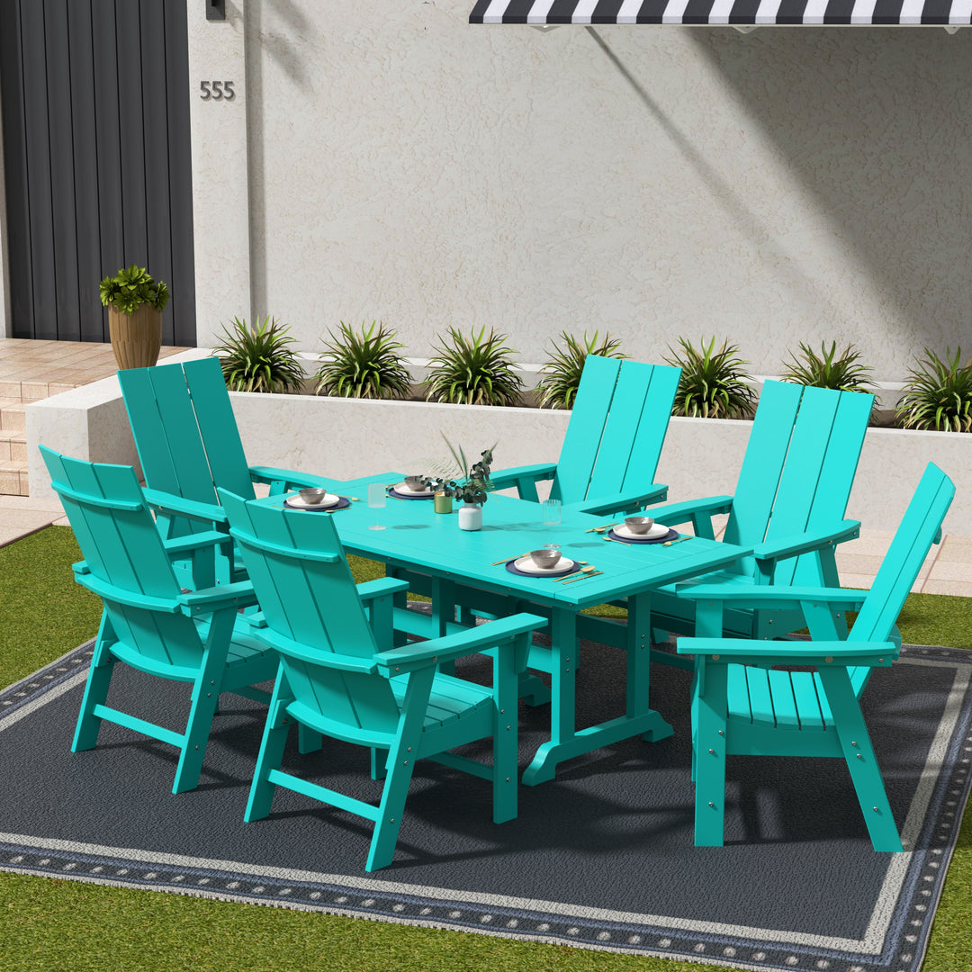 Ashore 7-Piece Outdoor Patio Dining Table and Modern Adirondack Armchair Set