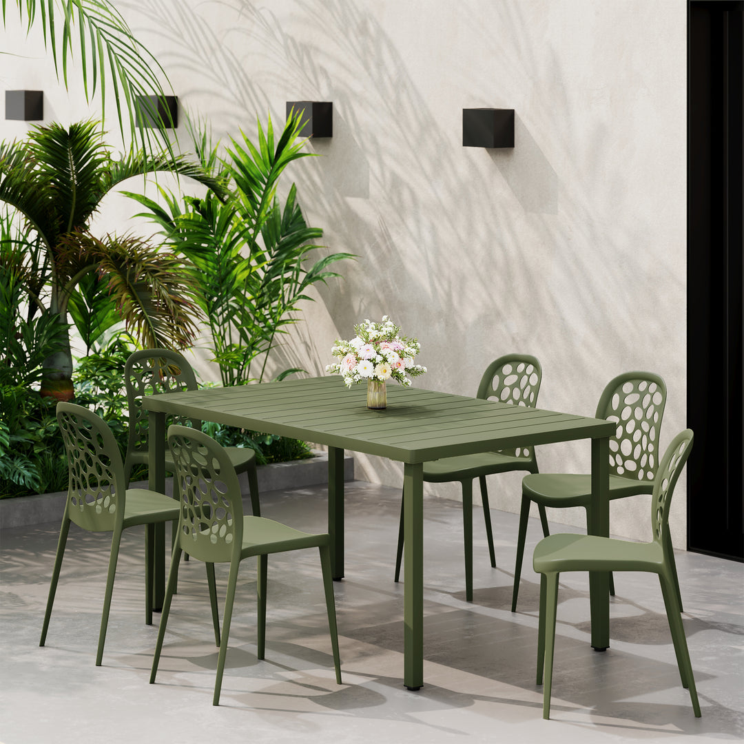 Playa 7-Piece Outdoor Metal Rectangle Patio Dining Table Set With Stackable Patio Dining Side Chairs