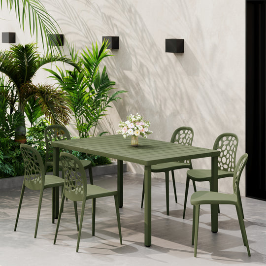 Playa 7-Piece Outdoor Metal Rectangle Patio Dining Table Set With Stackable Patio Dining Side Chairs