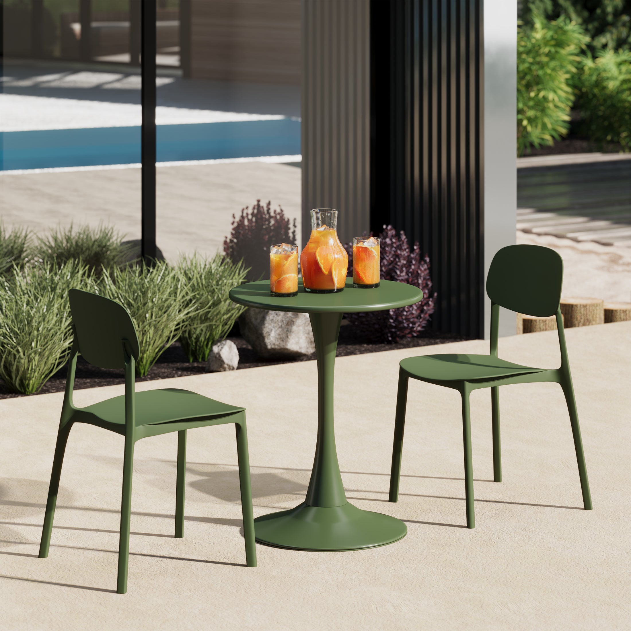 Playa 3-Piece Outdoor Round Metal Patio Dining Table Set With Stackable Resin Patio Side Chairs