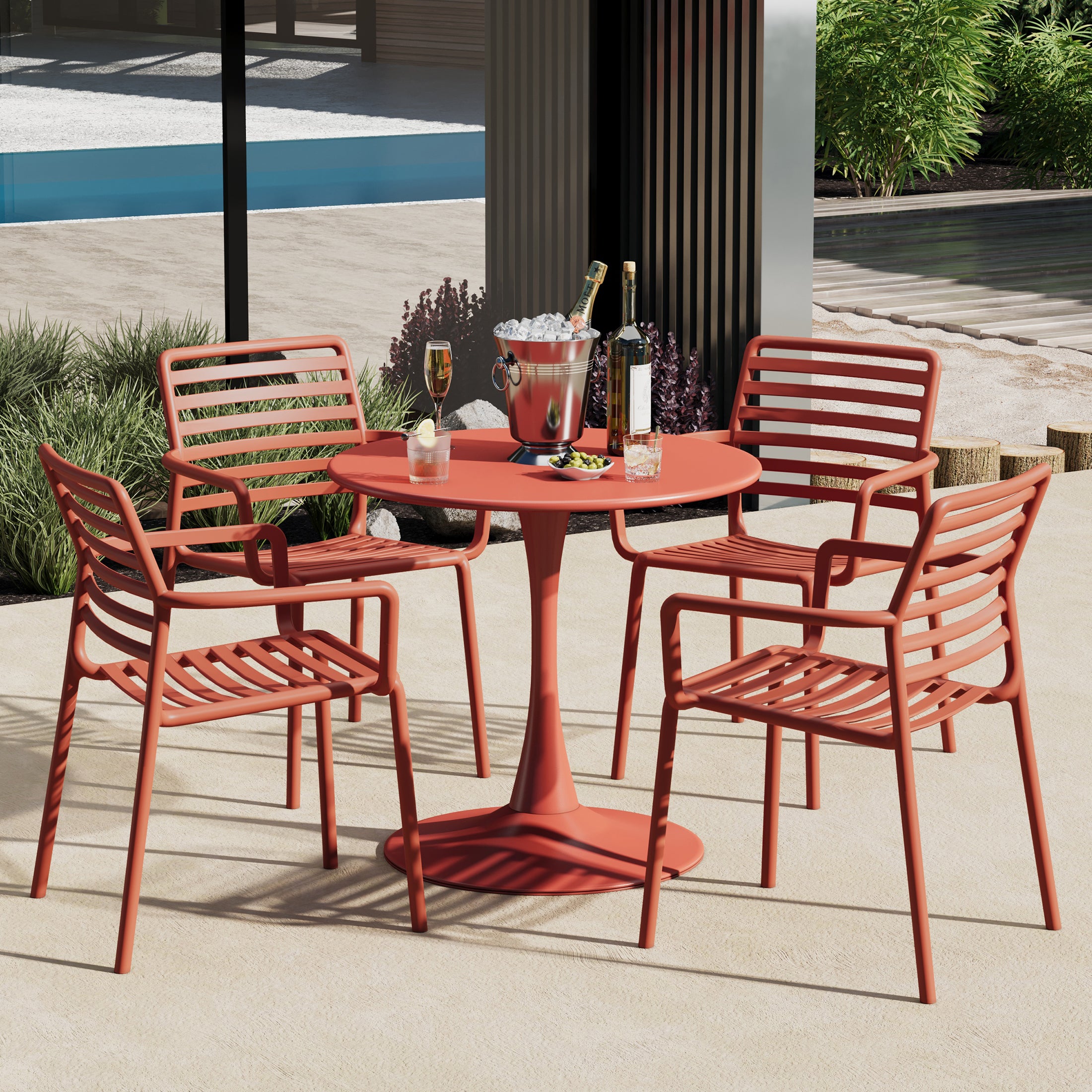 Playa 5-Piece Indoor Outdoor Metal Patio Dining Table Set With Stackable Plastic Patio Arm Chairs