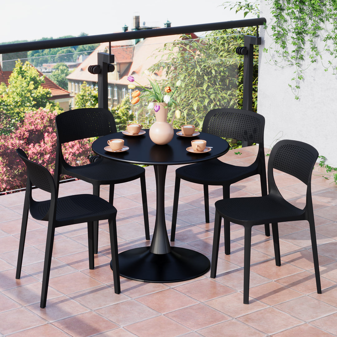 Playa 5-Piece Round Metal Bistro Dining Table Set And Stackable Resin Patio Dining Side Chairs