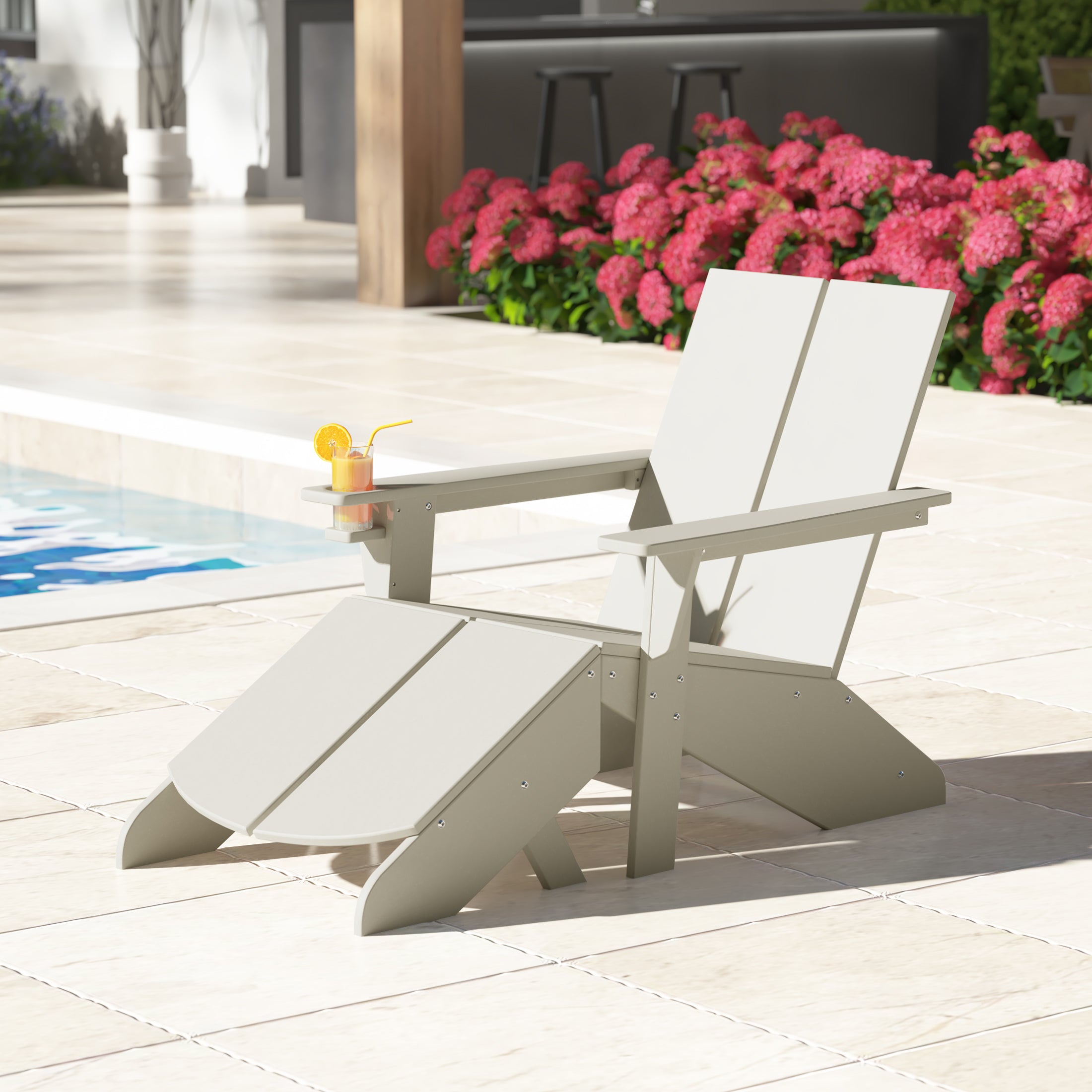 Riviera Outdoor HDPE Modern Adirondack Chair with Folding Patio Ottoman and Cup Holder