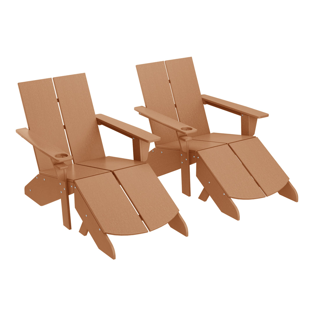 Riviera Outdoor 4-Piece HDPE Modern Adirondack Chairs Set with Folding Patio Ottomans and Cup Holder