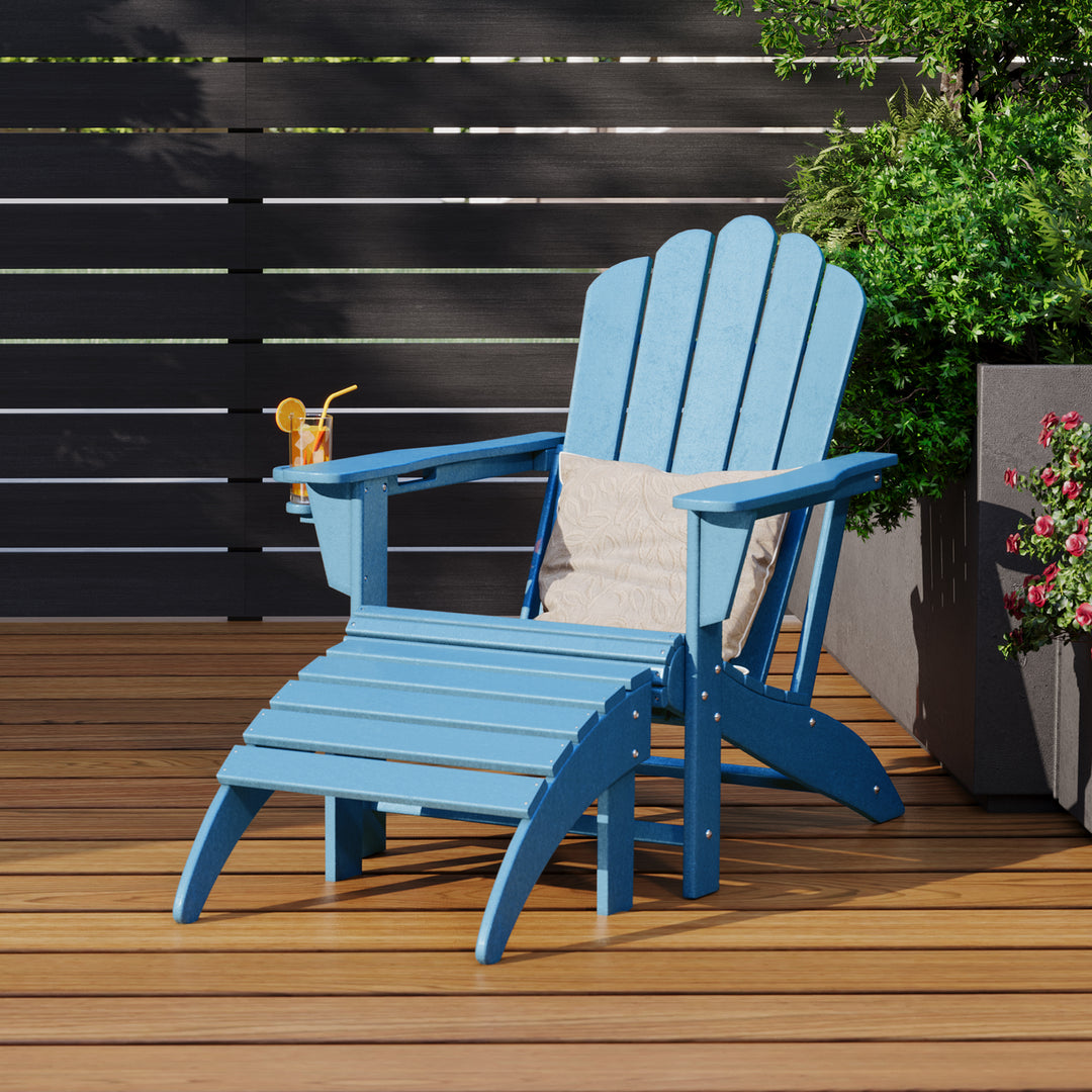 Highland 2-Piece Outdoor Patio HDPE Adirondack Chair With Ottoman and Cup Holder Set