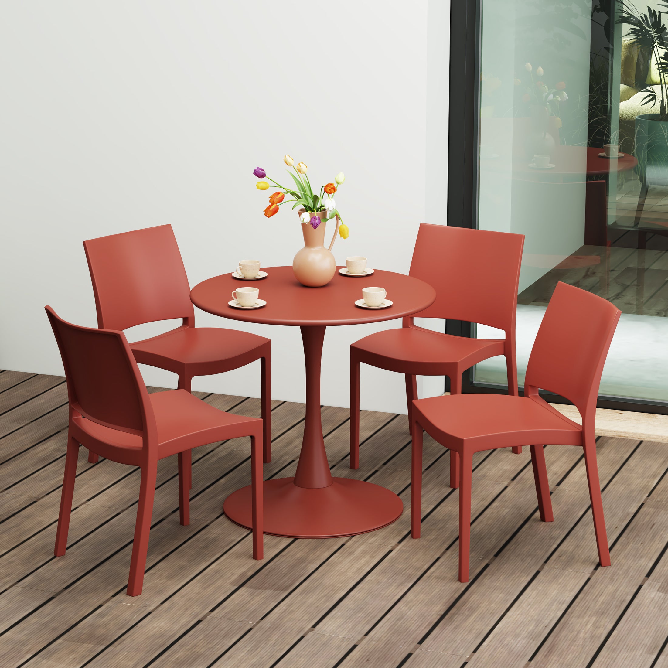 Playa 5-Piece Indoor Outdoor Round Metal Patio Dining Table Set With Stackable Patio Dining Side Chairs