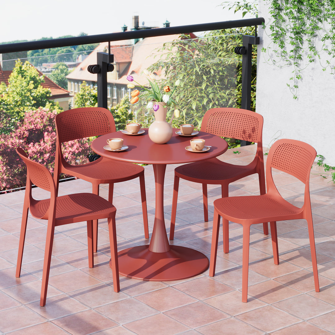 Playa 5-Piece Round Metal Bistro Dining Table Set And Stackable Resin Patio Dining Side Chairs