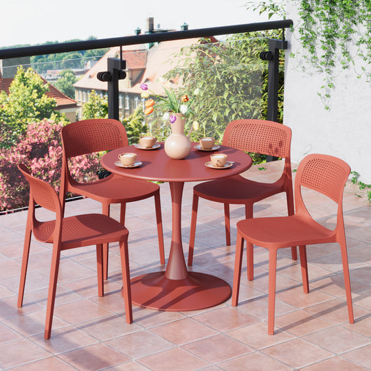 Playa 5-Piece Round Metal Bistro Dining Table Set And Stackable Resin Patio Dining Side Chairs