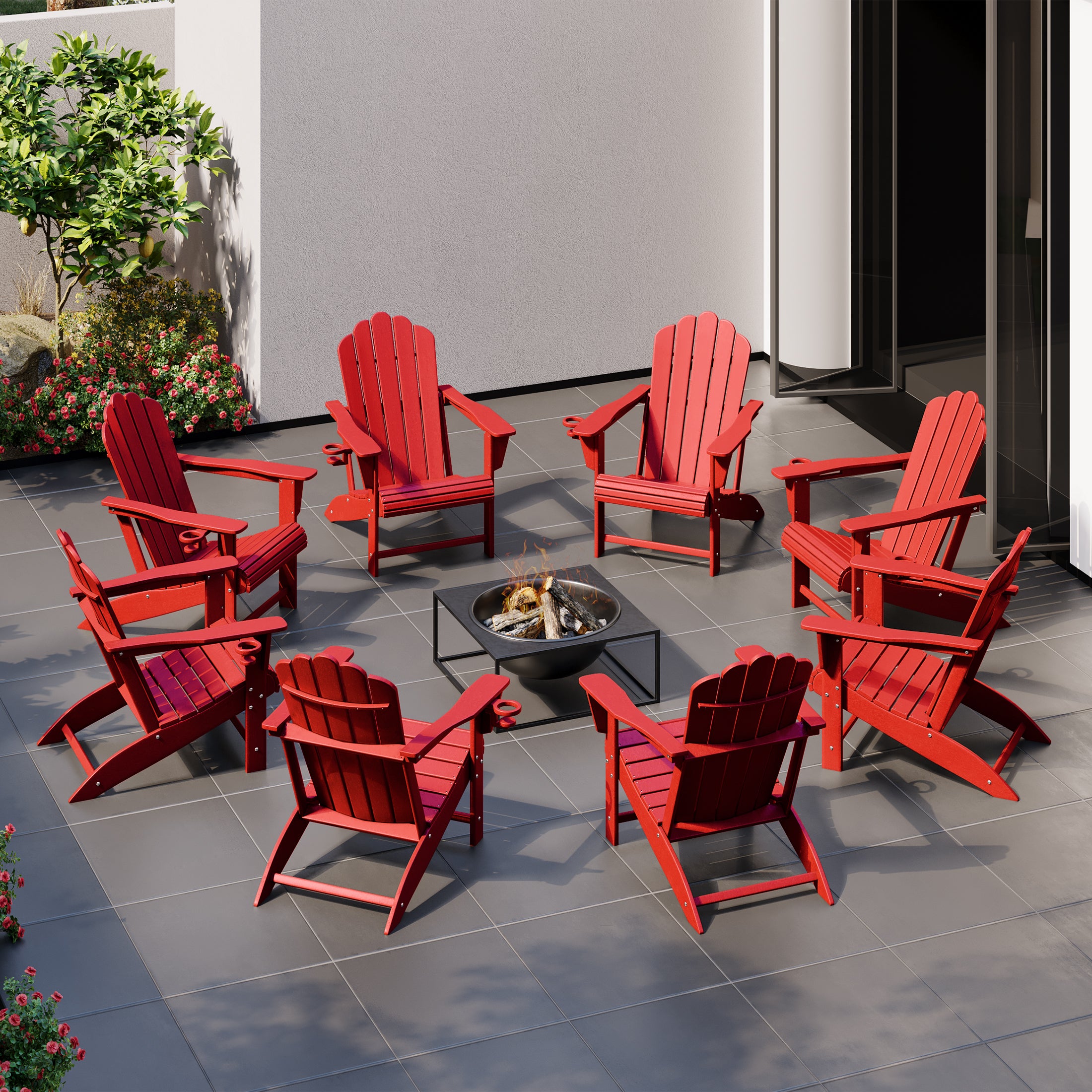Highland Outdoor Patio HDPE Adirondack Chairs With Cup Holders (Set of 8)